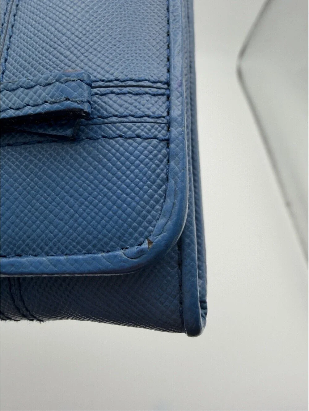 Authentic PRADA Blue Saffiano Leather Women Long Wallet Bow COA